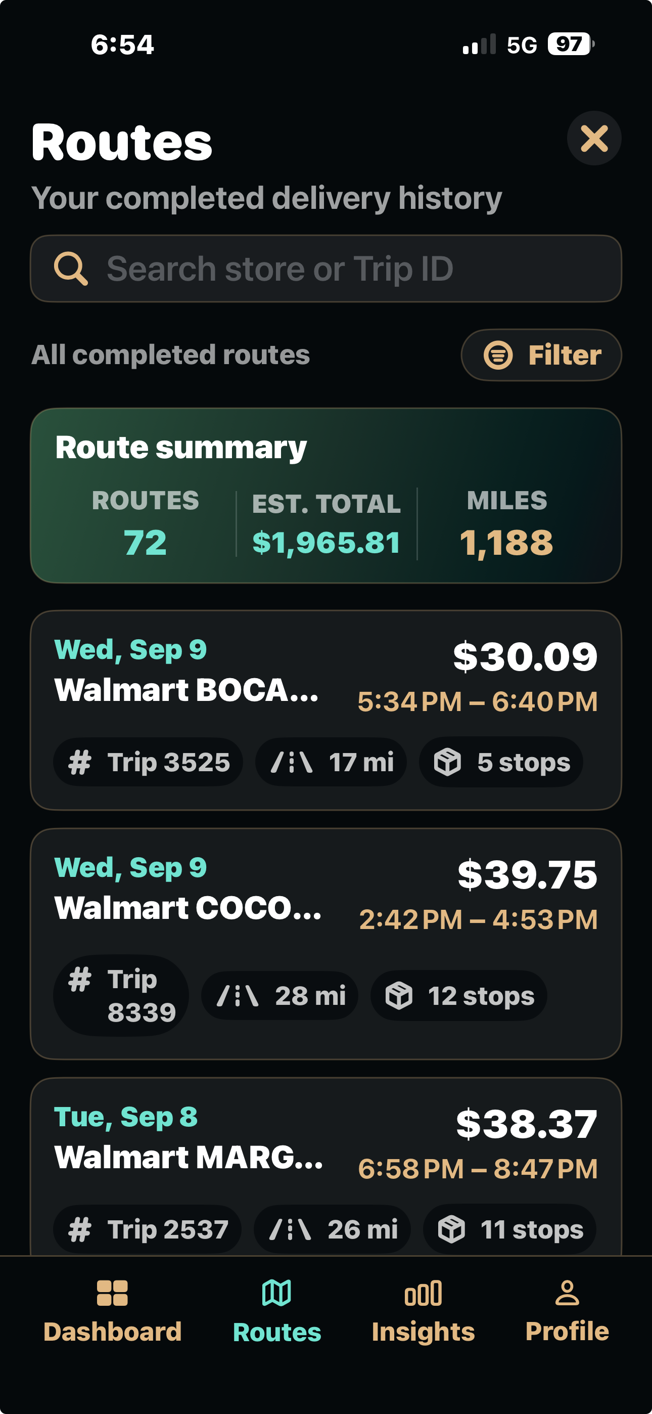 ClearGig completed routes with trip numbers, earnings, miles, and stops